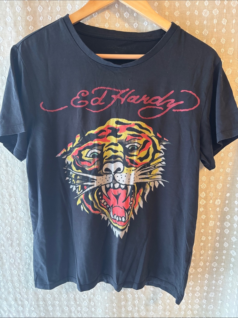 Ed Hardy Black Short Sleeve Tee with Red and Yellow Tiger Graphic